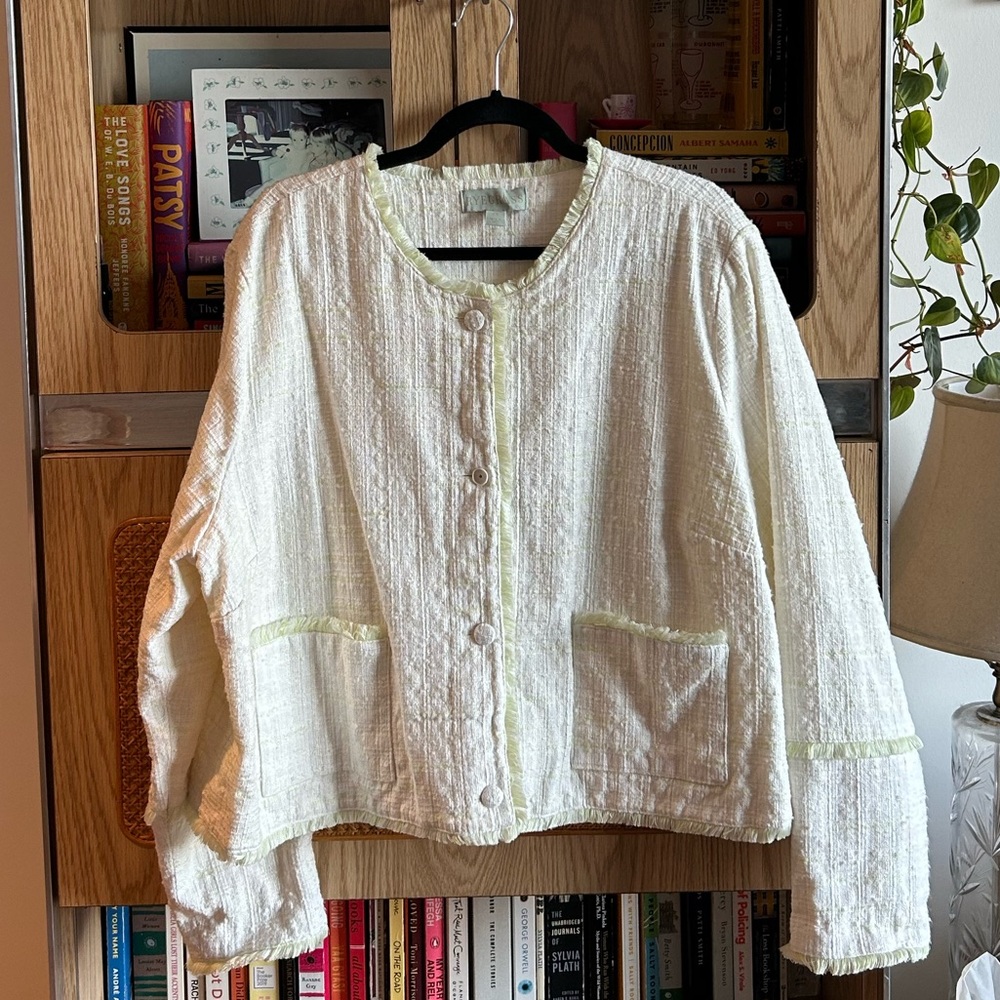 Vintage Textured Button-Front Jacket Cardigan Blazer White Cream Boxy Oversized